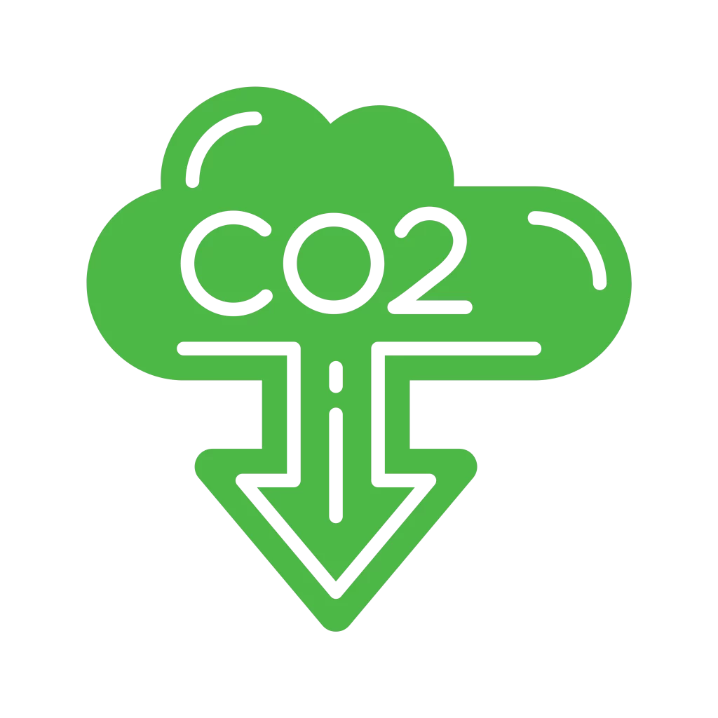 Green CO2 cloud with downward arrow symbolizing carbon reduction.