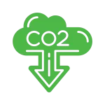 Green CO2 cloud with downward arrow symbolizing carbon reduction.