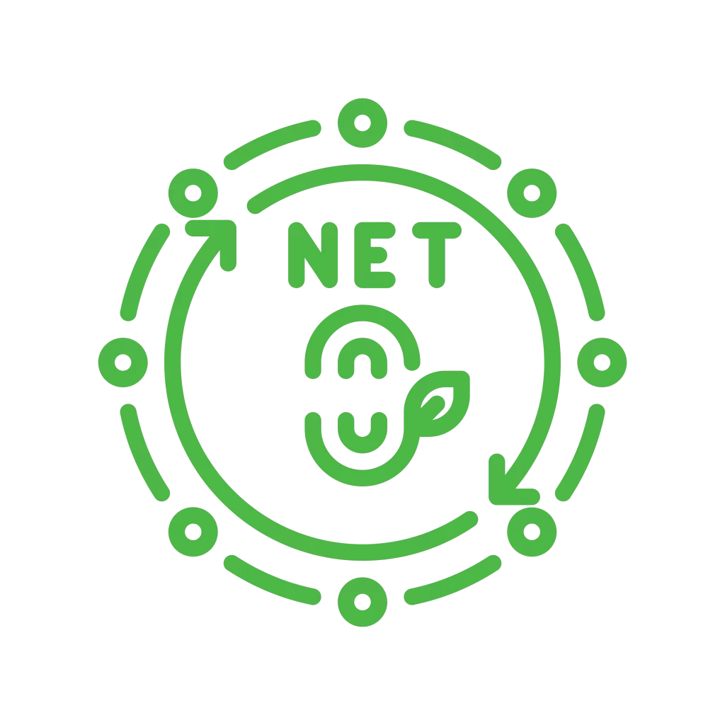 Green circular icon with leaf and recycling arrows