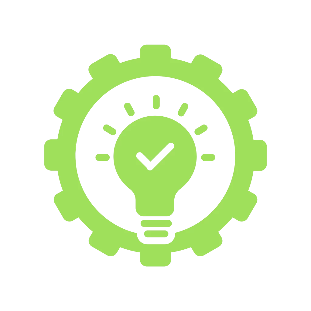 Icon of a light bulb with a checkmark inside, surrounded by a gear, representing OEM-agnostic .