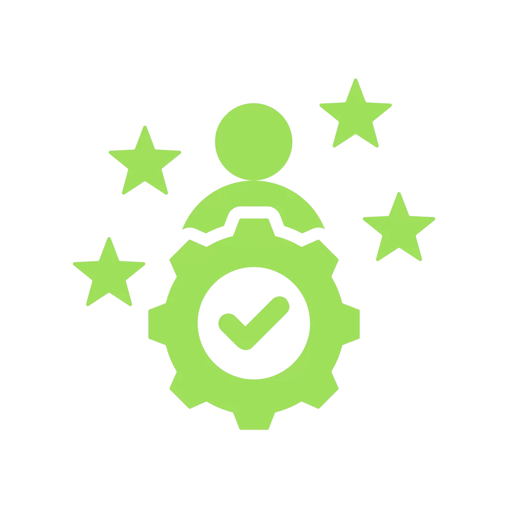 Icon of a person with stars and a gear containing a checkmark, symbolizing trusted consulting services.