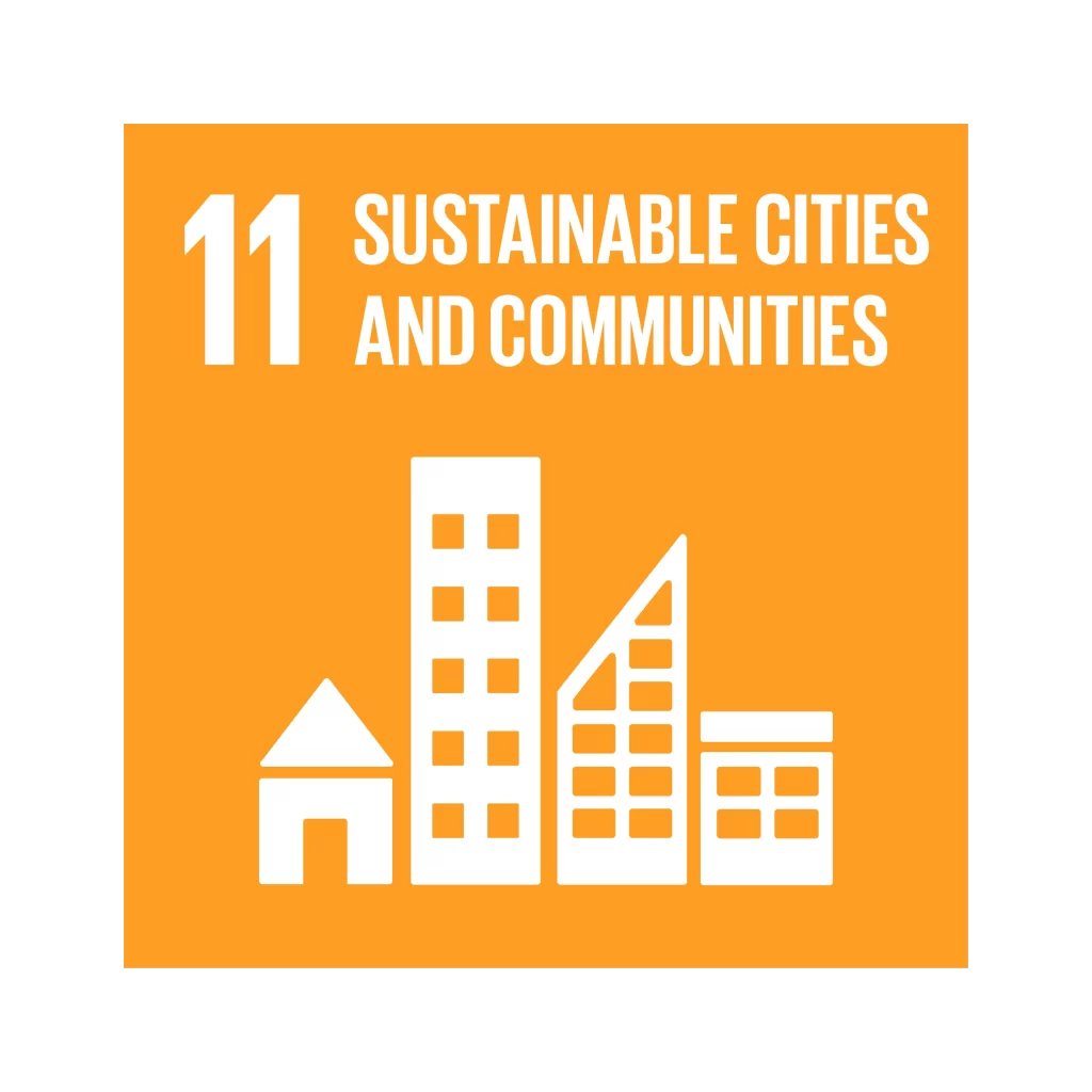 UN SDG 11 icon for Sustainable Cities and Communities with building graphics