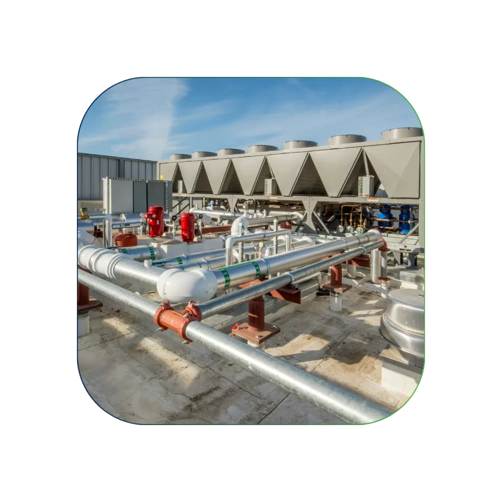 Rooftop cooling system with large chillers performance and pipelines