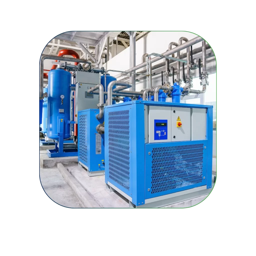 IoT Solution - OptiEdgeCAM (compressed air manager) Industrial air compressor unit with pipelines.