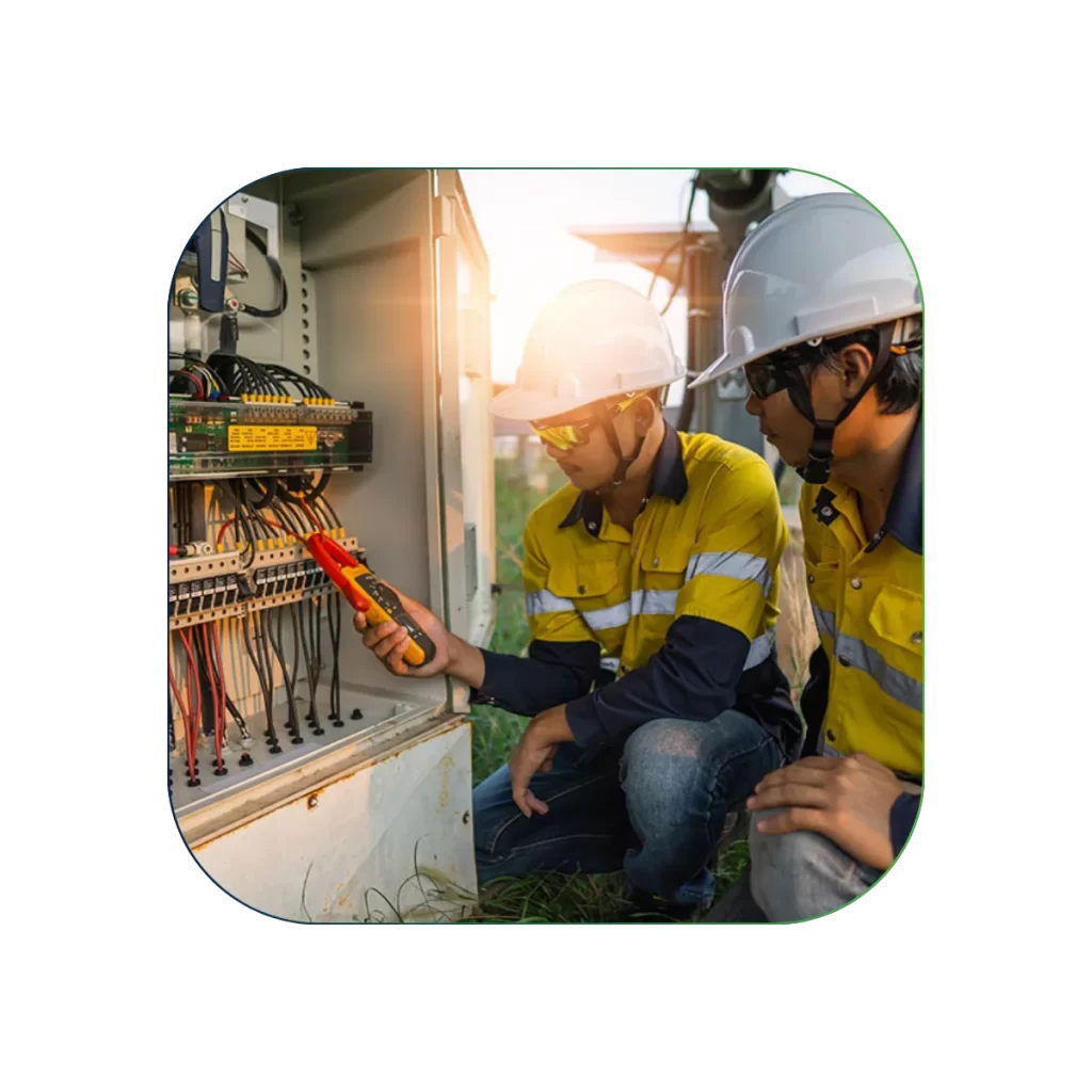 Engineers performing electrical safety audit with testing equipment on control panel