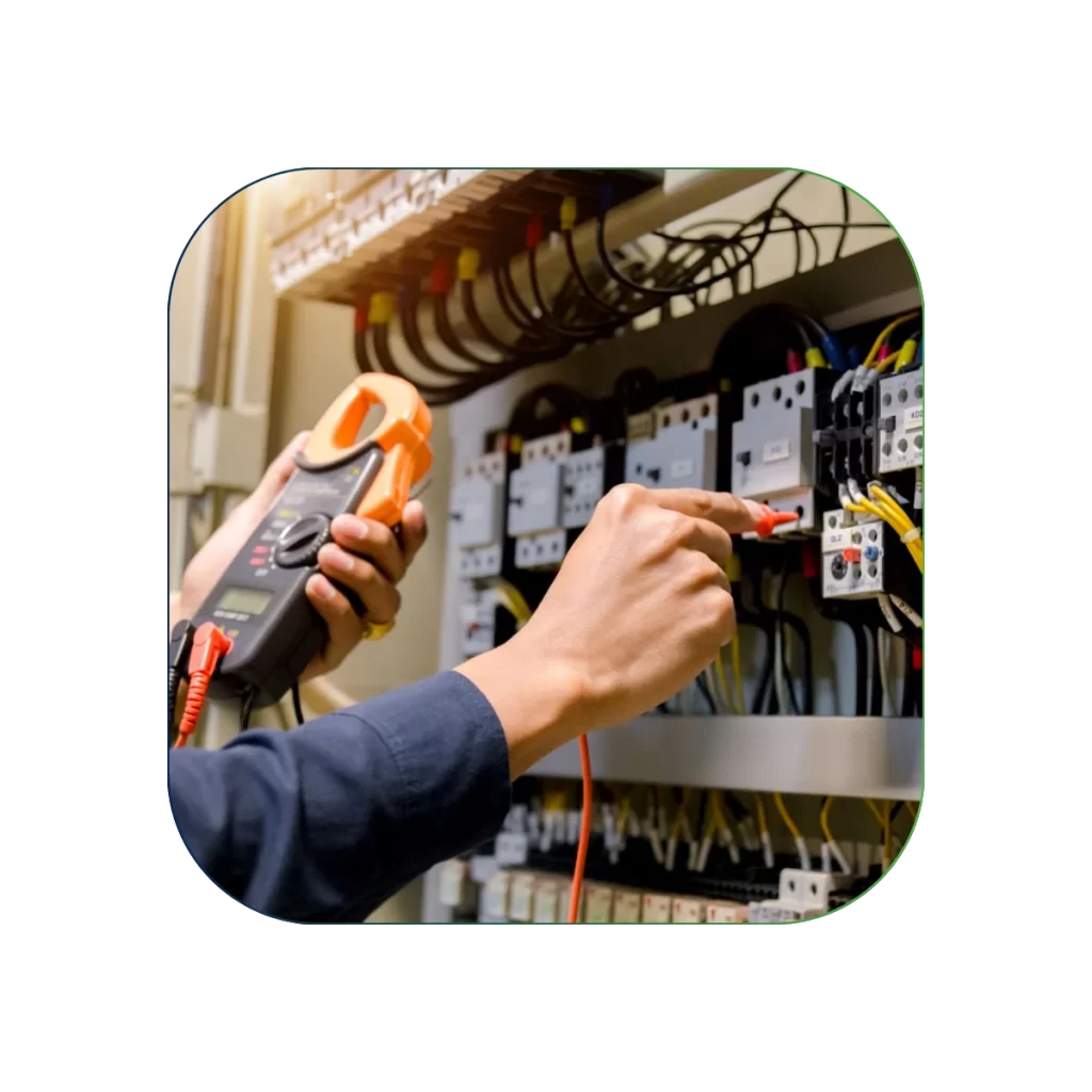 Power quality analysis with technician testing electrical control panel using measuring device