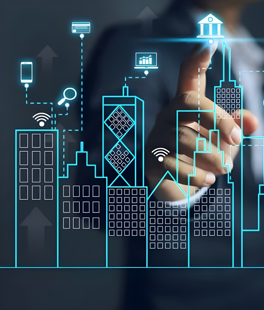 Digital smart city graphic with icons for data, connectivity, and BMS analytics.