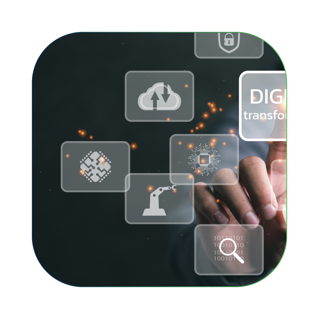 Hand interacting with digital icons of automation, cloud, and data, symbolizing digital transformation in energy management.