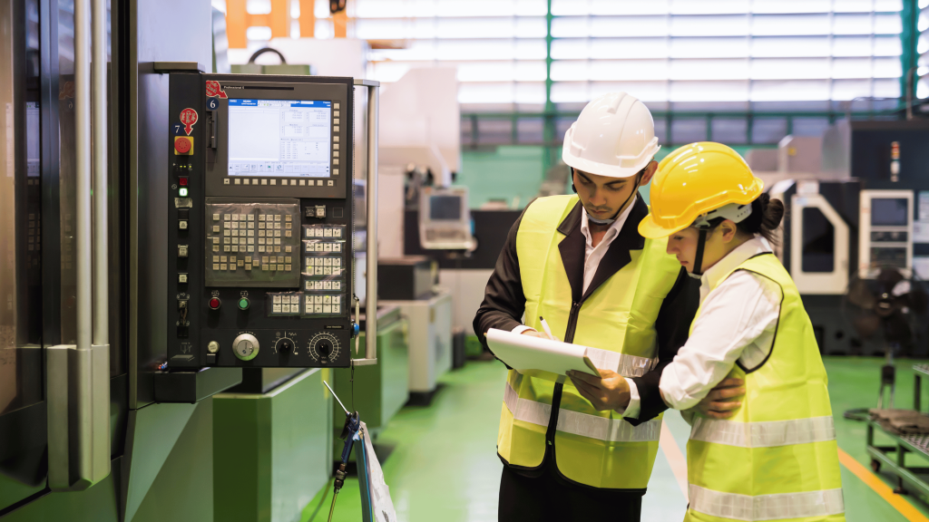 Engineers in safety vests and helmets reviewing documents beside industrial control equipment in energy efficiency consulting.