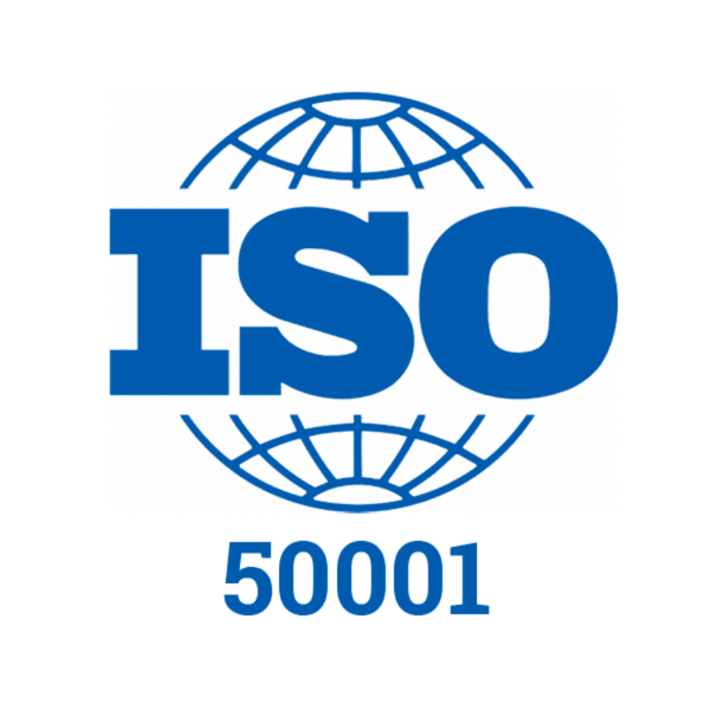 ISO 50001 certification logo with globe design in blue.
