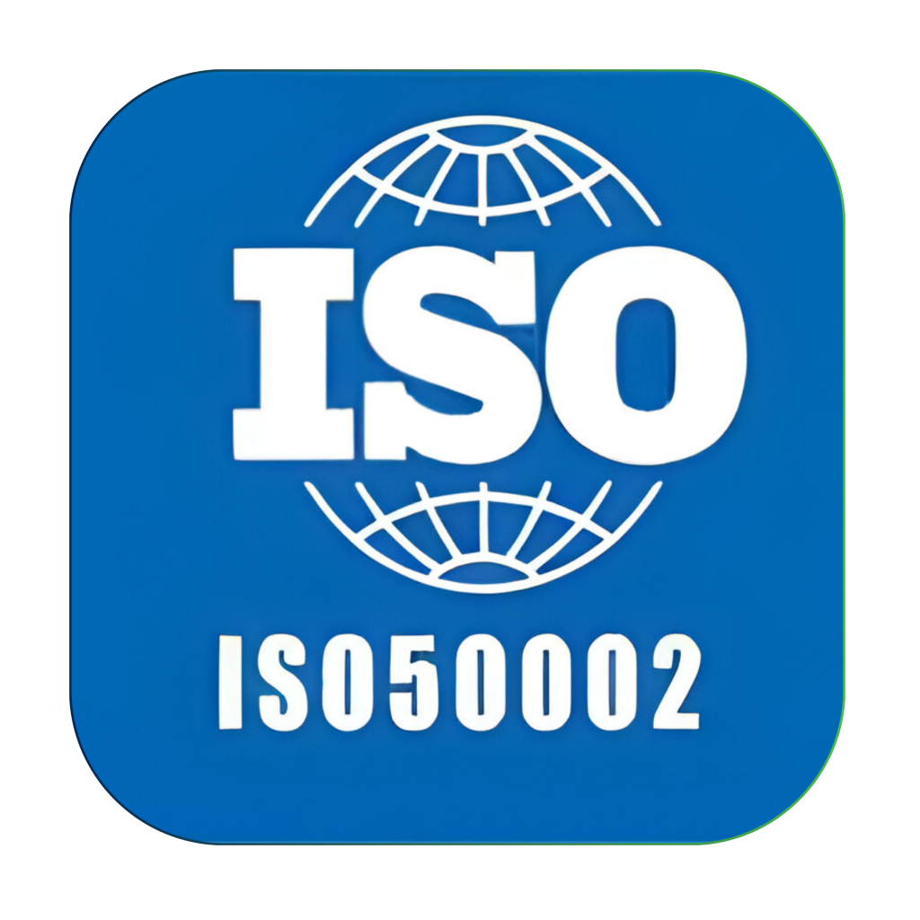 ISO 50002 certification logo in blue with globe design.