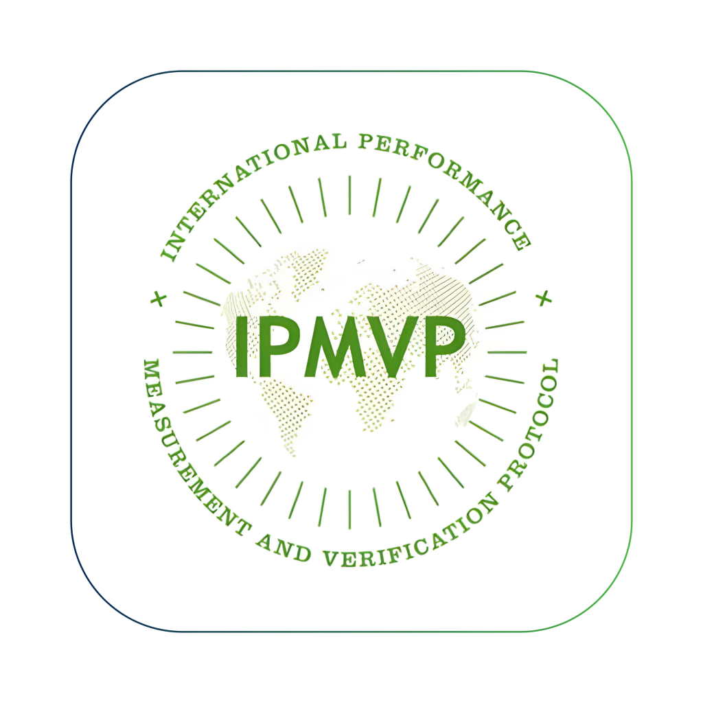 Green IPMVP logo with world map.