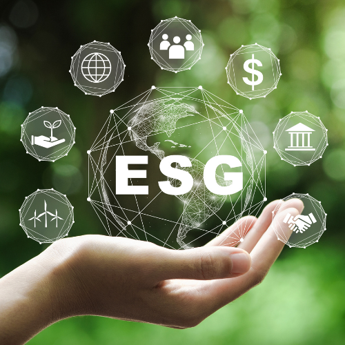 Hand holding ESG hologram with icons for people, money, and sustainability.