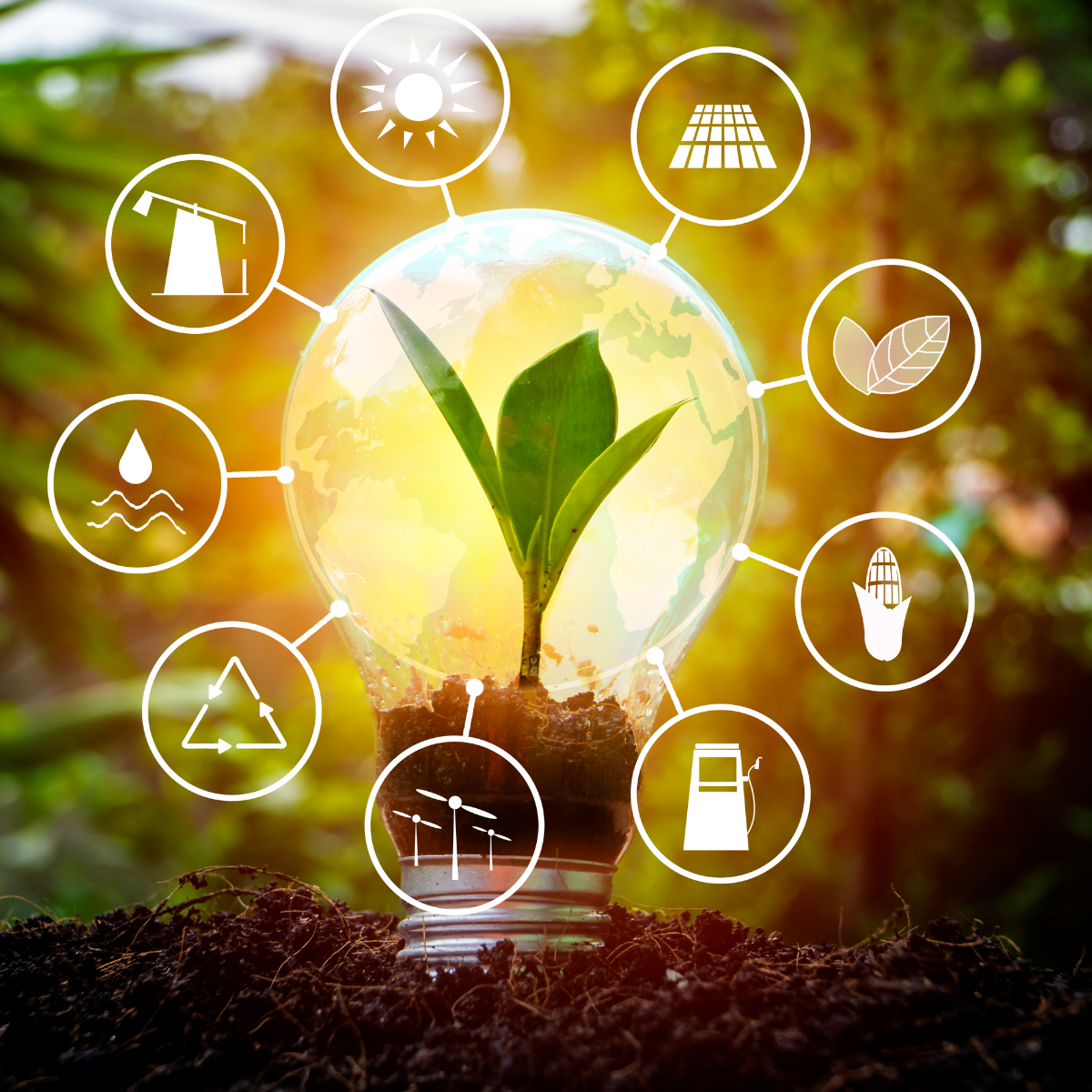 Lightbulb with green plant and renewable energy icons representing energy solutions in net zero journey