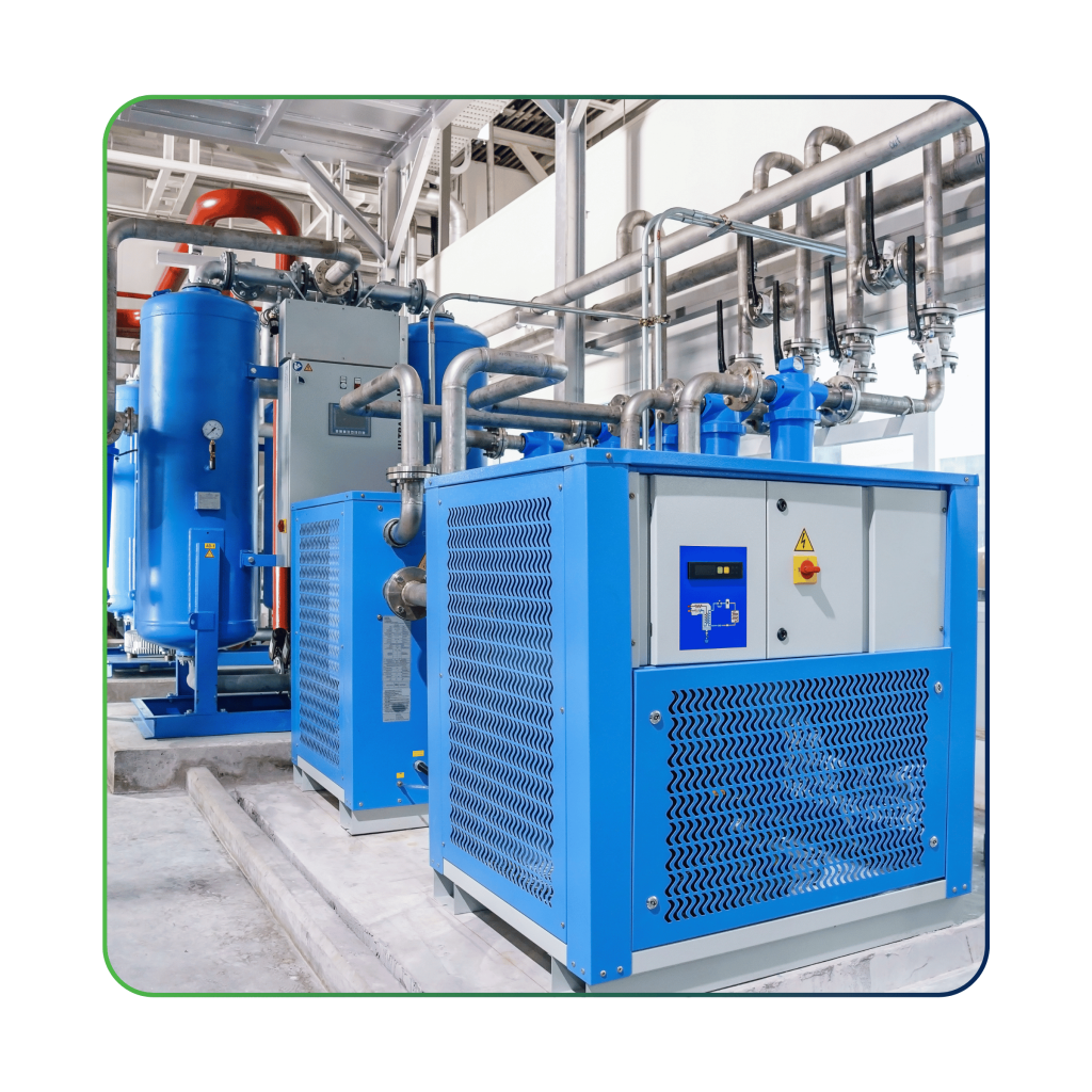 IoT Solution - OptiEdgeCAM (compressed air manager) Industrial air compressor unit with pipelines.