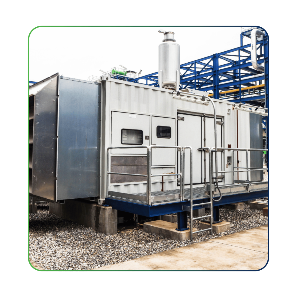 IoT Solution - OptiEdgeDM (Diesel Monitoring). Industrial diesel generator system with integrated pipelines.