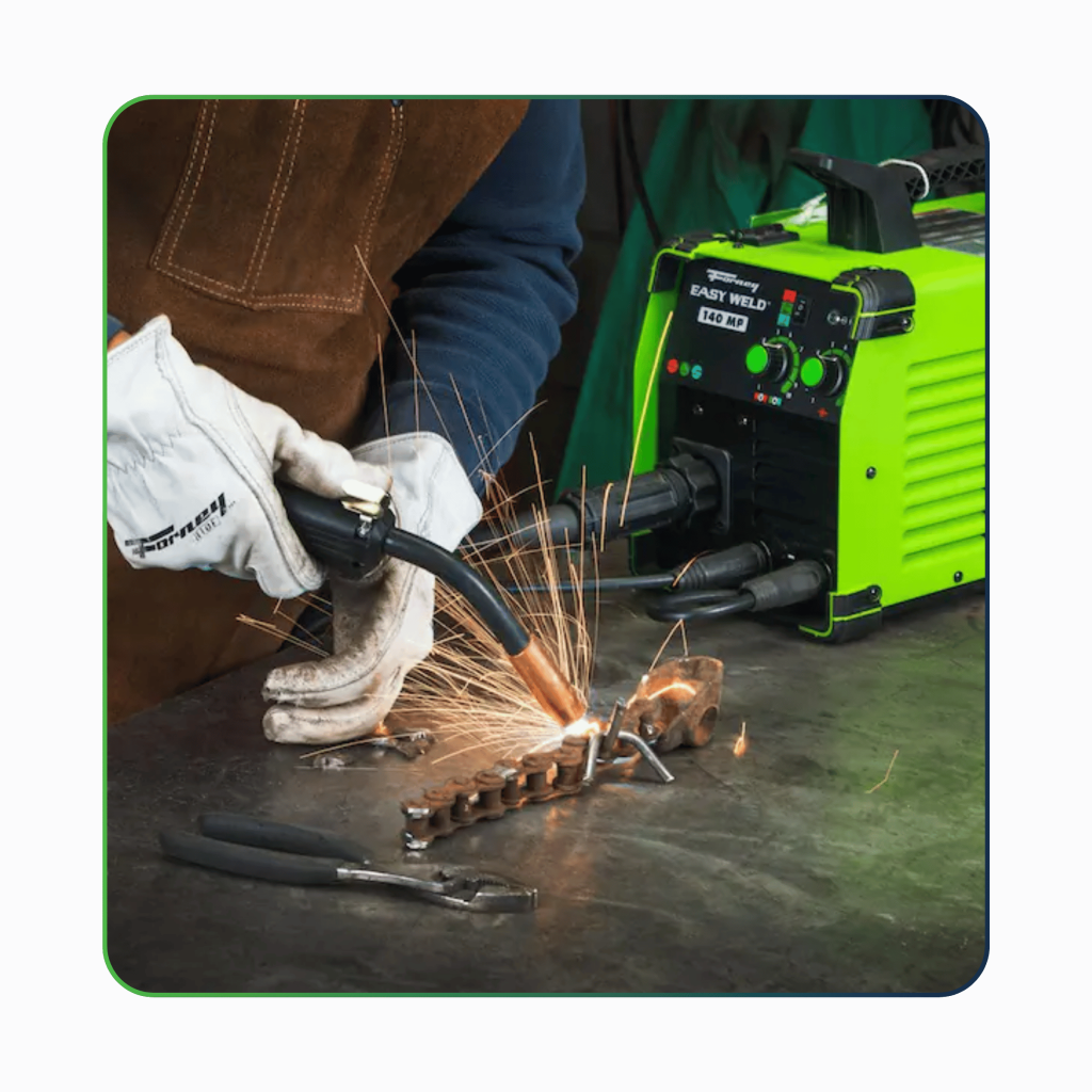 IoT Solution - OptiEdgeW (welding control system). Worker using welding machine with sparks flying.